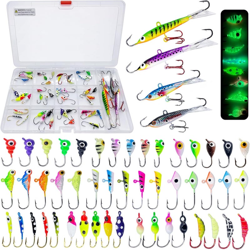 Bombite 52Pcs Ice Fishing Lures Ice Fishing Jigs Kit Glowing Paint Ice Fishing Jig Heads for Crappie Trout Perch Walleye Ice Fishing Gear - Image 1